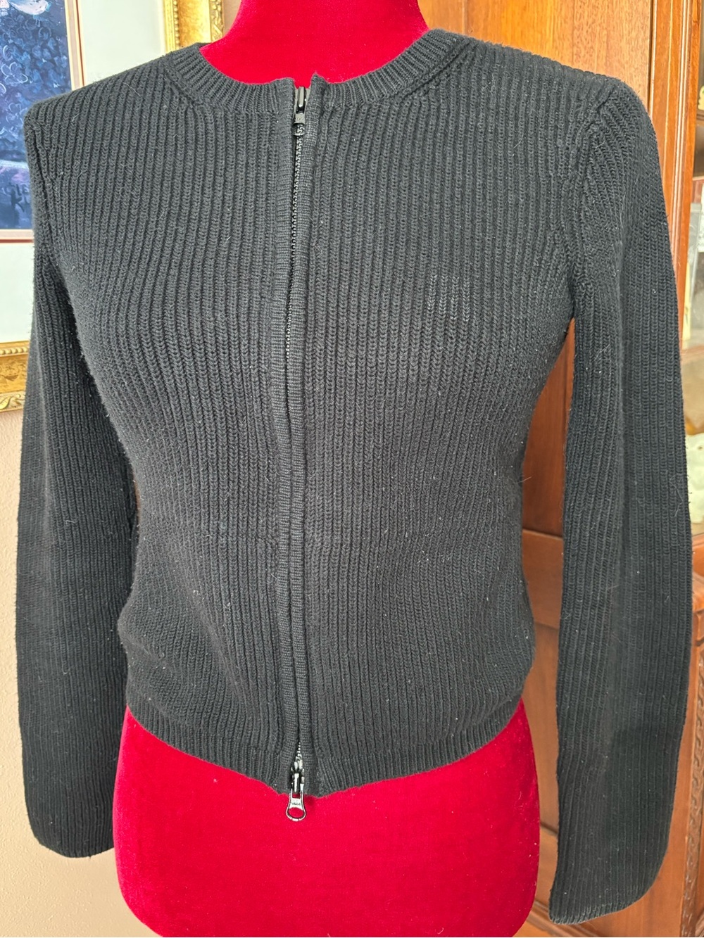 Y2K Ralph Black Ribbed Full Zip-Front 100% Knit Cardigan With Pockets XS VTG